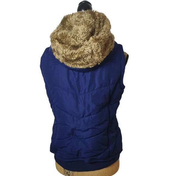 American Eagle Womens Hooded Vest M Blue Puffer Vest Faux Fur Hood - Picture 4 of 10